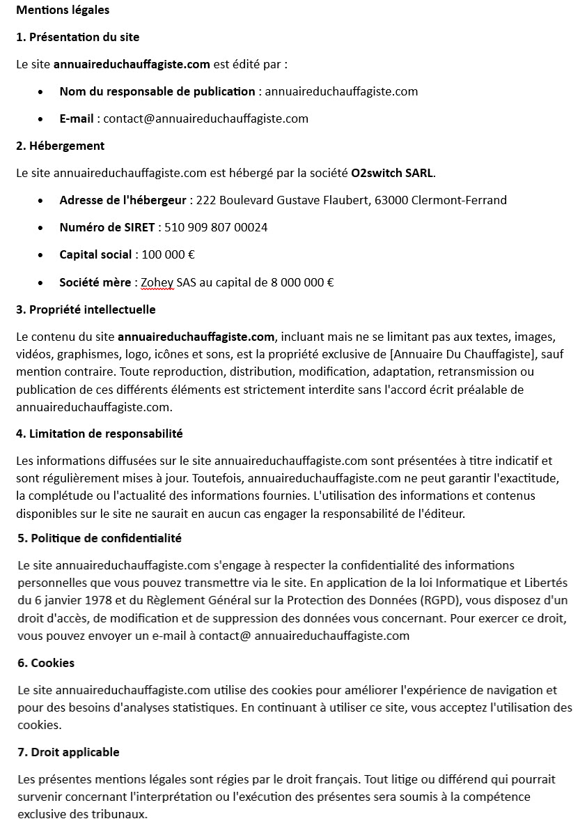 mentions légales annuaireduchauffagiste.com